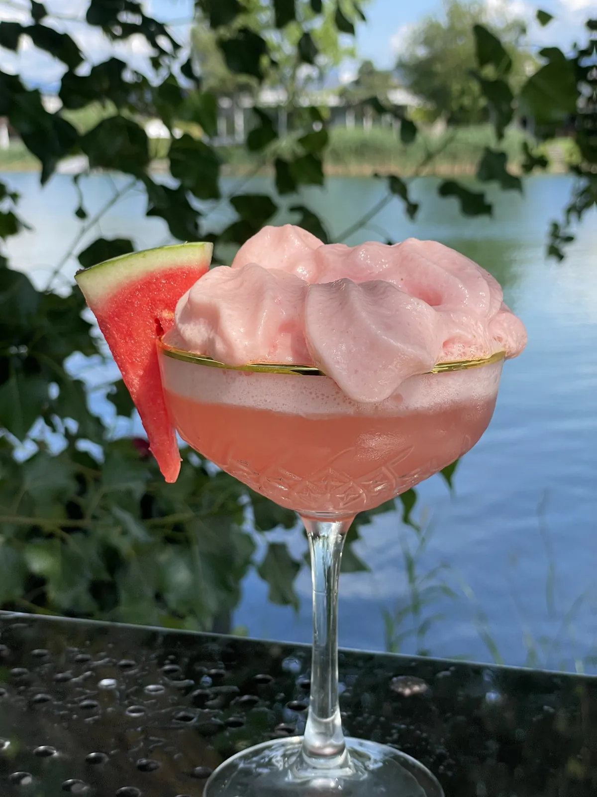 Cocktail mit Wassermelone und Schaum am See